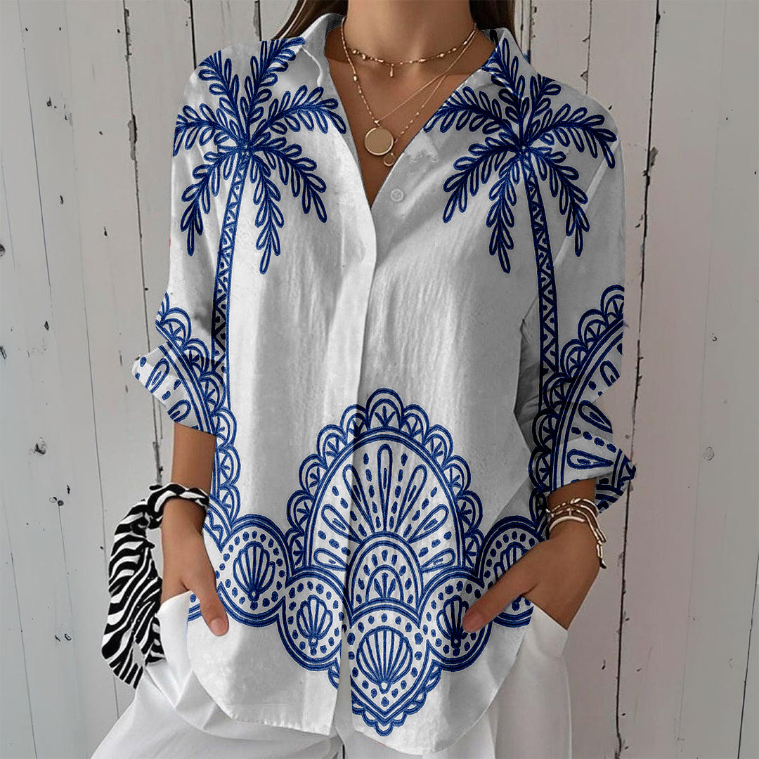 Women Long Sleeve V-neck Graphic Floral Printed Top