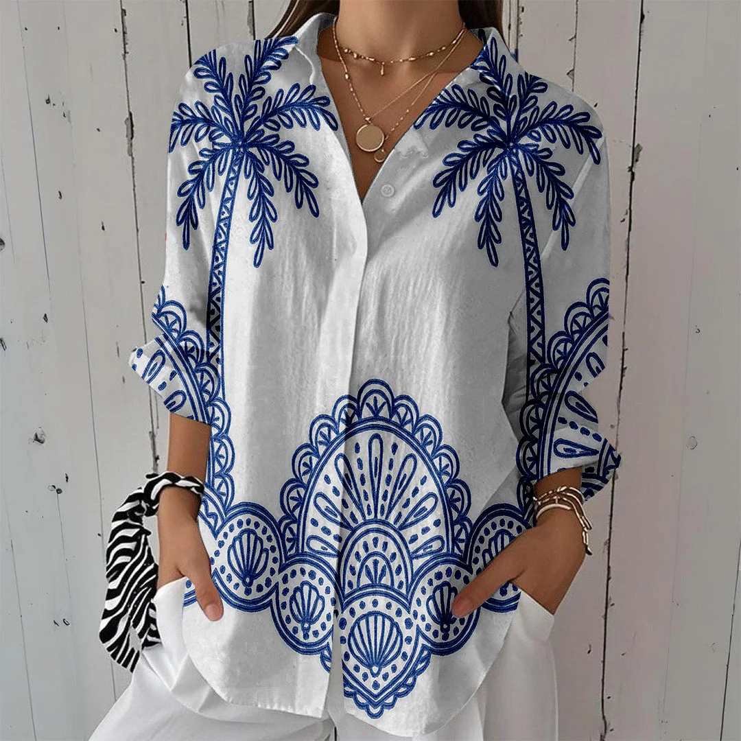 Style & Comfort for Mature Women Women Tropical,Blue DZCL0276 3/4 Sleeve Shirt Collar Printed Button Tops
