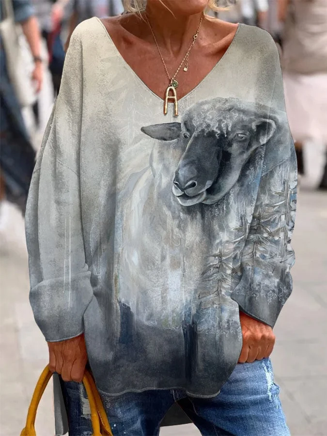 Women's Sheep Oil Painting Print Casual Long Sleeve Top