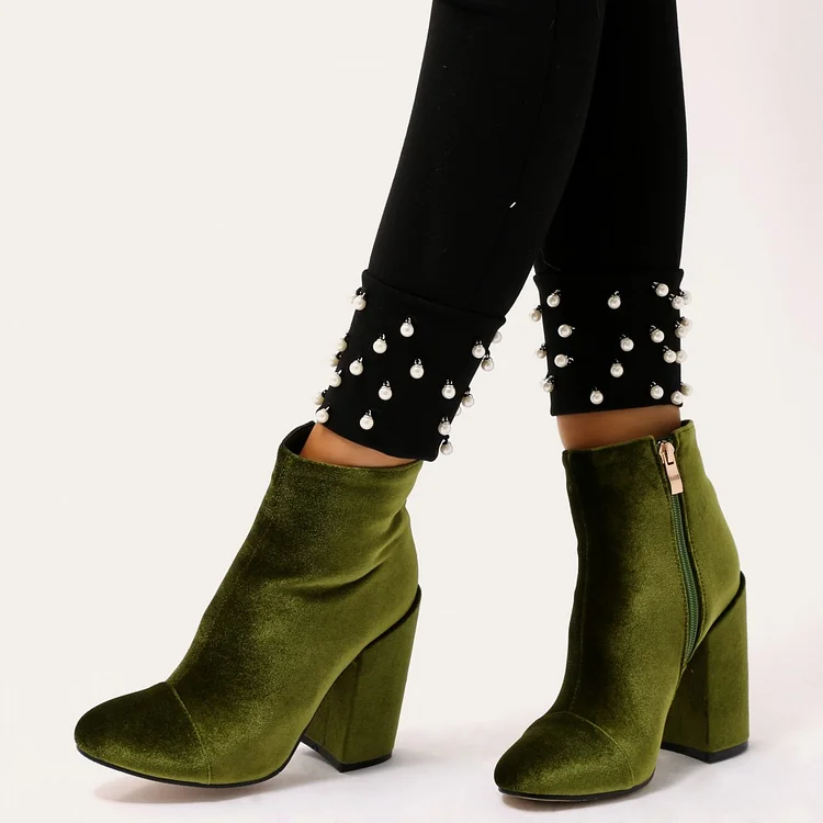Olive Velvet Block Heel Boots Side Zipper Ankle Booties |FSJ Shoes