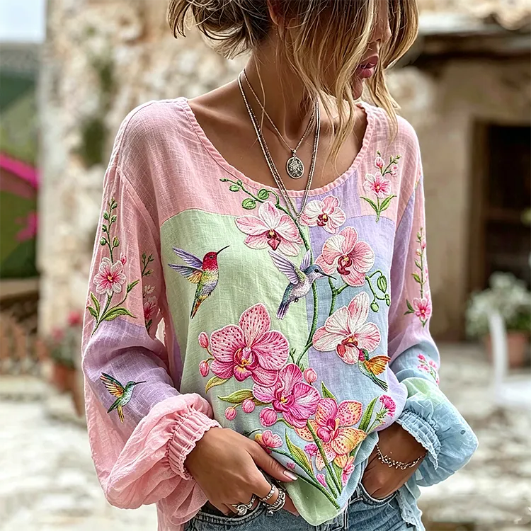 Women's Floral And Bird Embroidery Patchwork Art Comfortable Cotton Linen Long Sleeve Round Neck Top 2