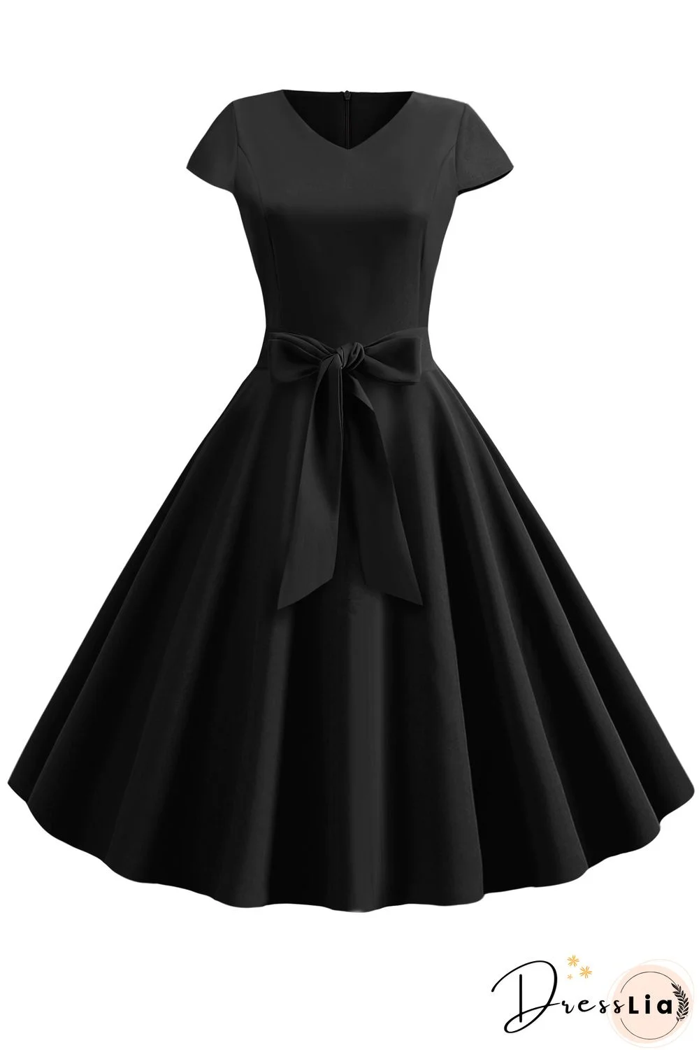 Vintage Hepburn V-neck Bowknot Swing Dress
