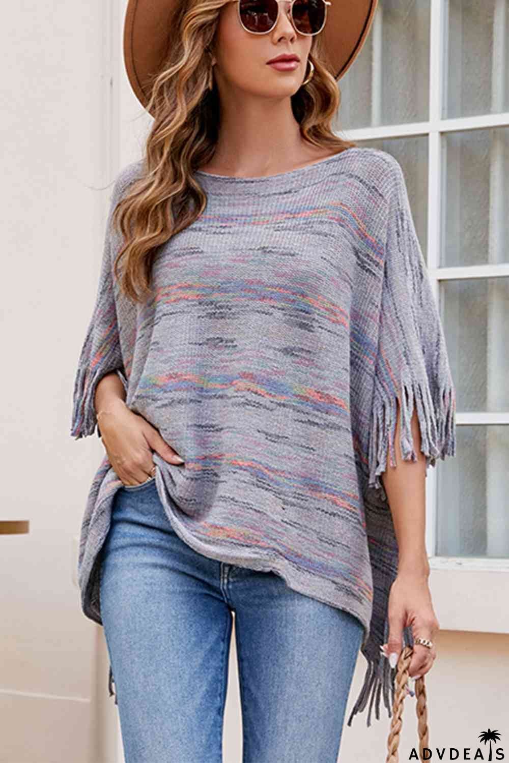 Round Neck Fringe Detail Sleeve Poncho
