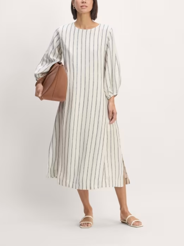 Linen Round Collar Long Sleeve With Striped Slit Midi Dress