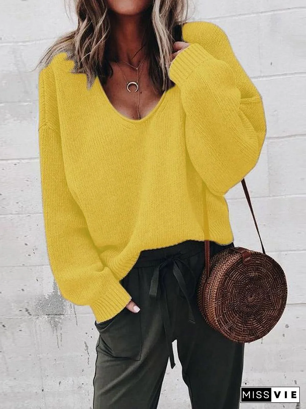 Simple Solid Color V-neck Sweater Tops