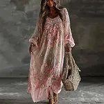 Women's Floral Roses Art Print Flowy Linen Blend Casual Long Sleeve Maxi Dress - Image 2