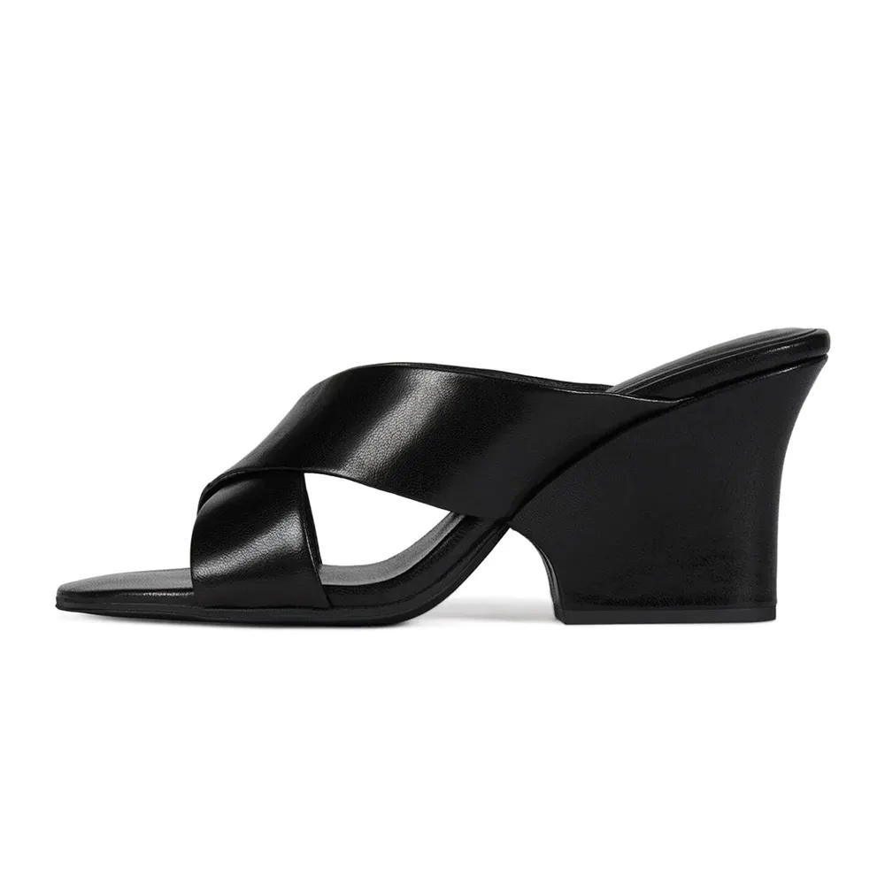 Women's Black Round Toe Cross Strap Block High Heel Mules Shoes
