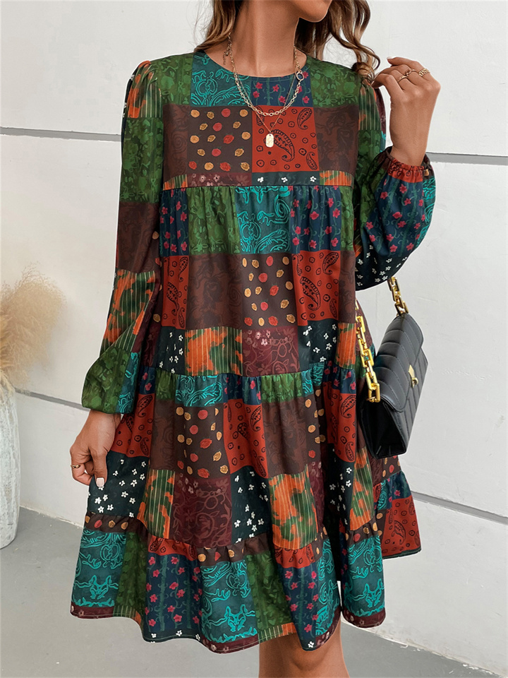 Women's Round Neck Fashion Casual Long Sleeve A-line Geometric Pattern Print Temperament Commuter Dresses