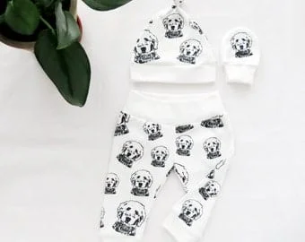 Pornhint Goldendoodle Print Newborn Leggings Hat Mittens Set Made From Organic Cotton, Dog Themed Baby Shower Gift, Newborn Coming Home Outfit Unisex