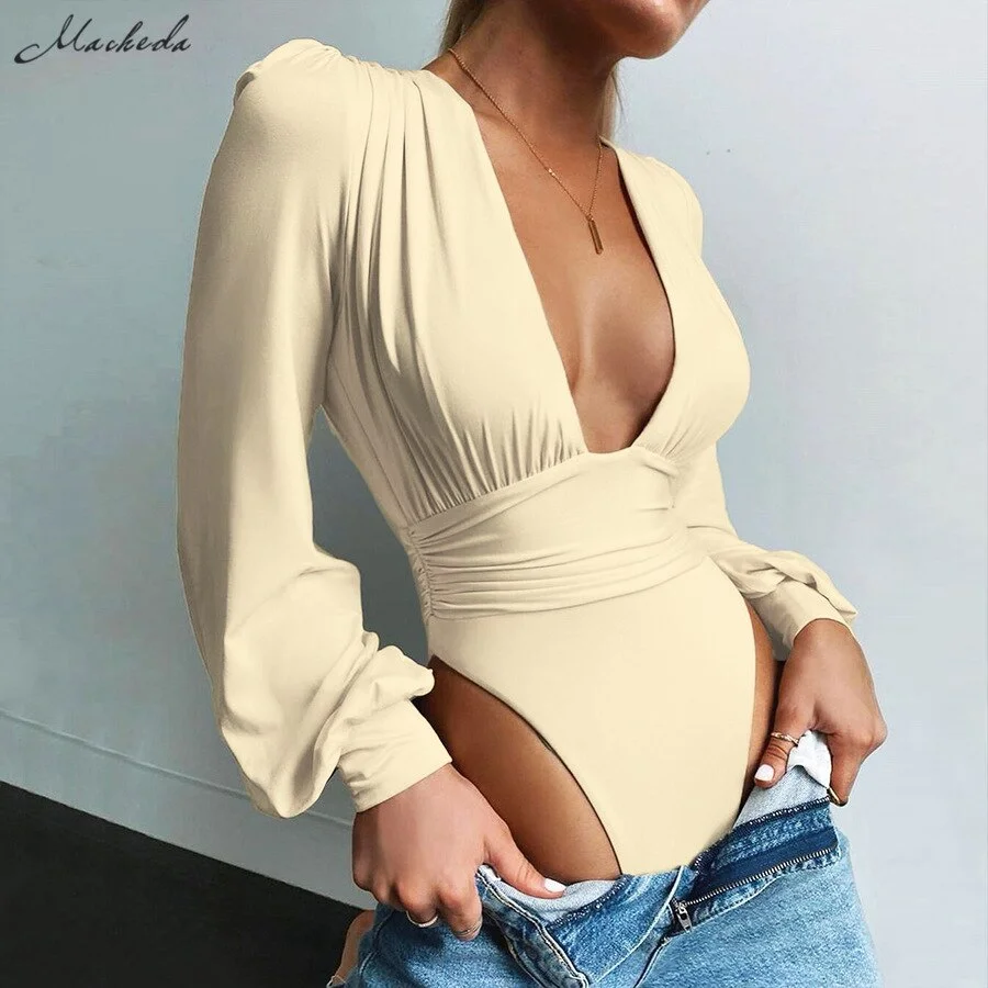 Macheda Autumn Solid Sexy Bodysuit Women Long Sleeve Deep V Neck Fashion Clothing Lady Casual Slim Body Suits 2020 New