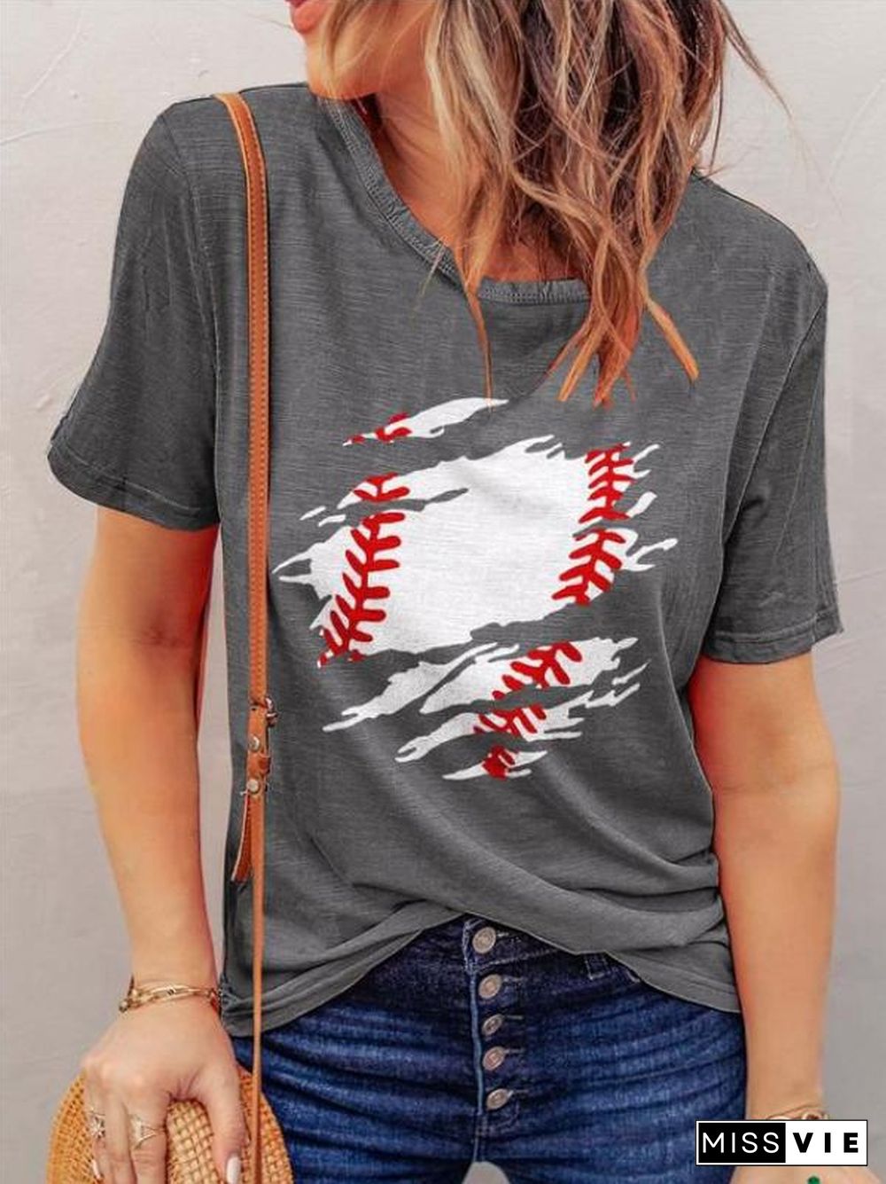 Baseball Broken Printed Gray Basic Women Tee