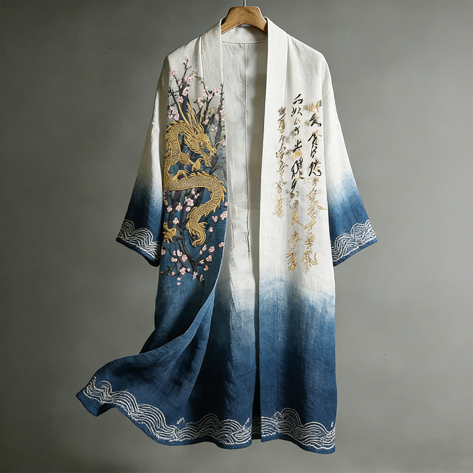 Japanese Art Retro Pattern Clash Color Design Men's Casual Linen Kimono elevenforest