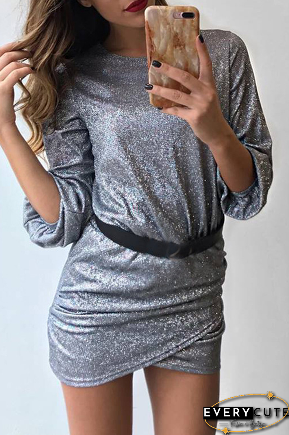 Fashion Solid Sequined Asymmetrical O Neck Pencil Skirt Dresses