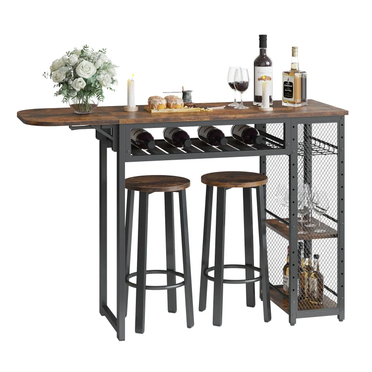 Bestier Liquor Bar Pub Table Adjustable Shelves & Cup Holder Wine Rack in Set