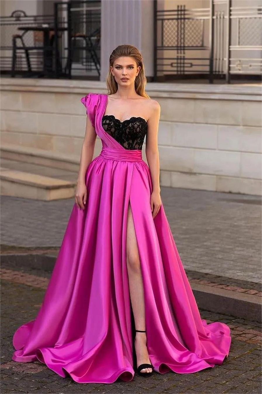 Lvs&Broner Chic Fuchsia One Shoulder Sweetheart Sleeveless A Line Prom Dress With Split