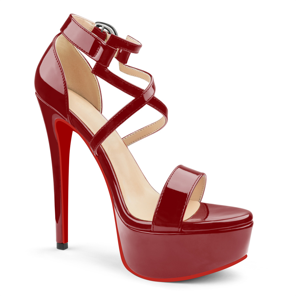 150mm Women's Red Bottom Open Toe Platform Sandals Ankle Strap High Heel Patent  Summer Party Wedding Shoes-MERUMOTE