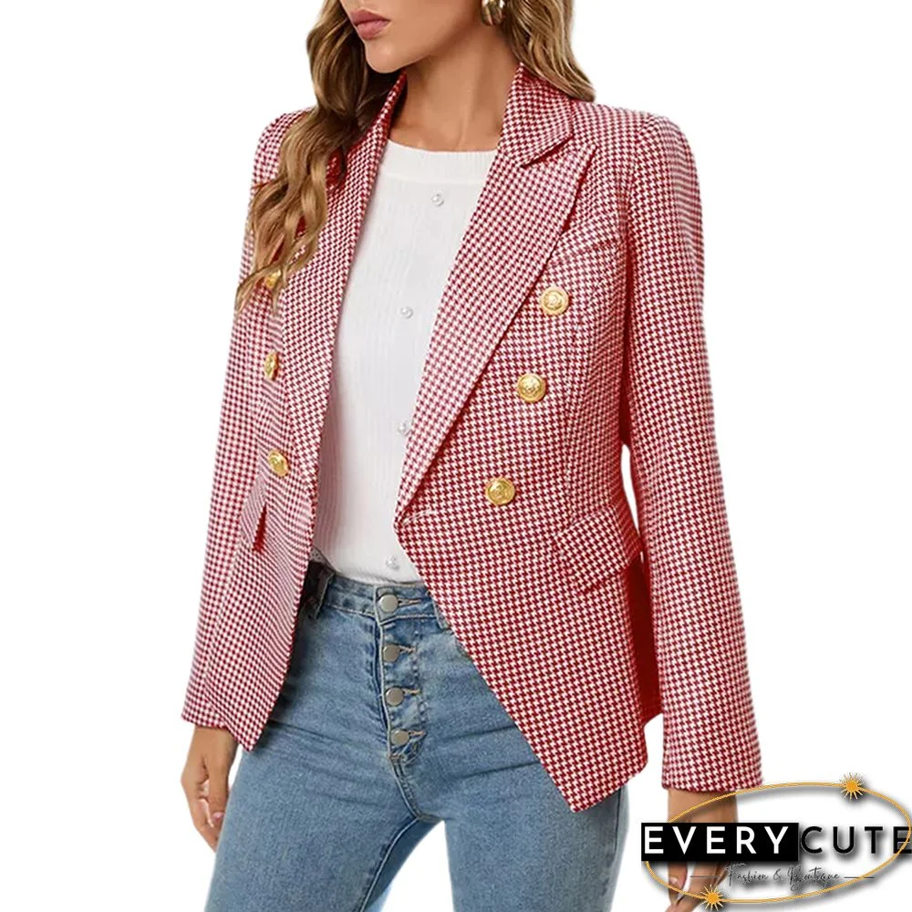Red Double-breasted Houndstooth Blazer