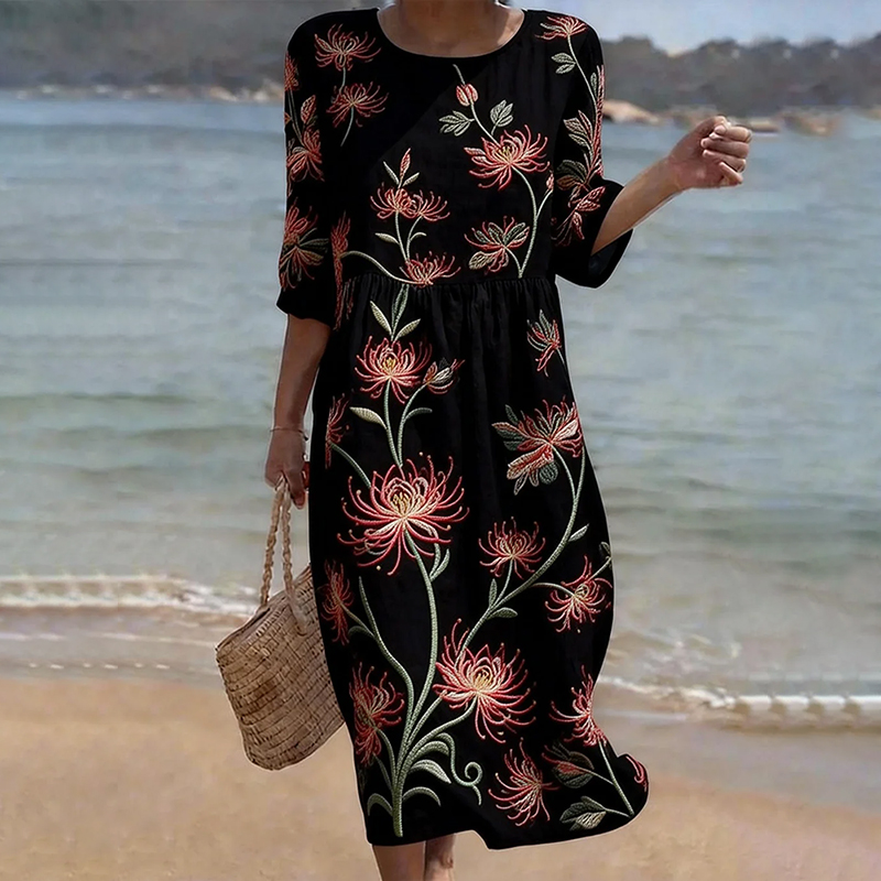 Vintage Floral Art Pattern Linen Blend Loose Three-quarter Sleeve Dress wearshes