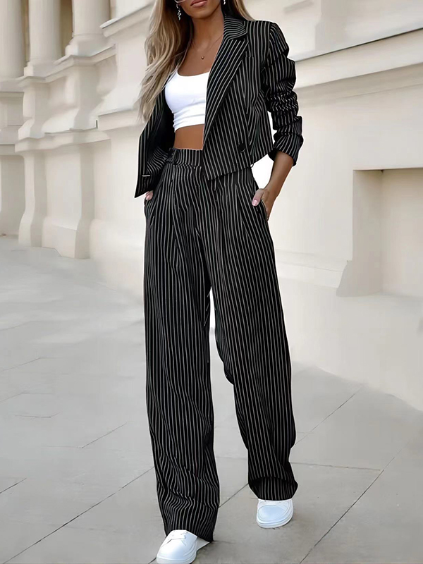 Loose Split-Joint Striped Lapel Jacket Outer + Straight Leg Pleated Suit Pants Two Pieces Set BLACK-S