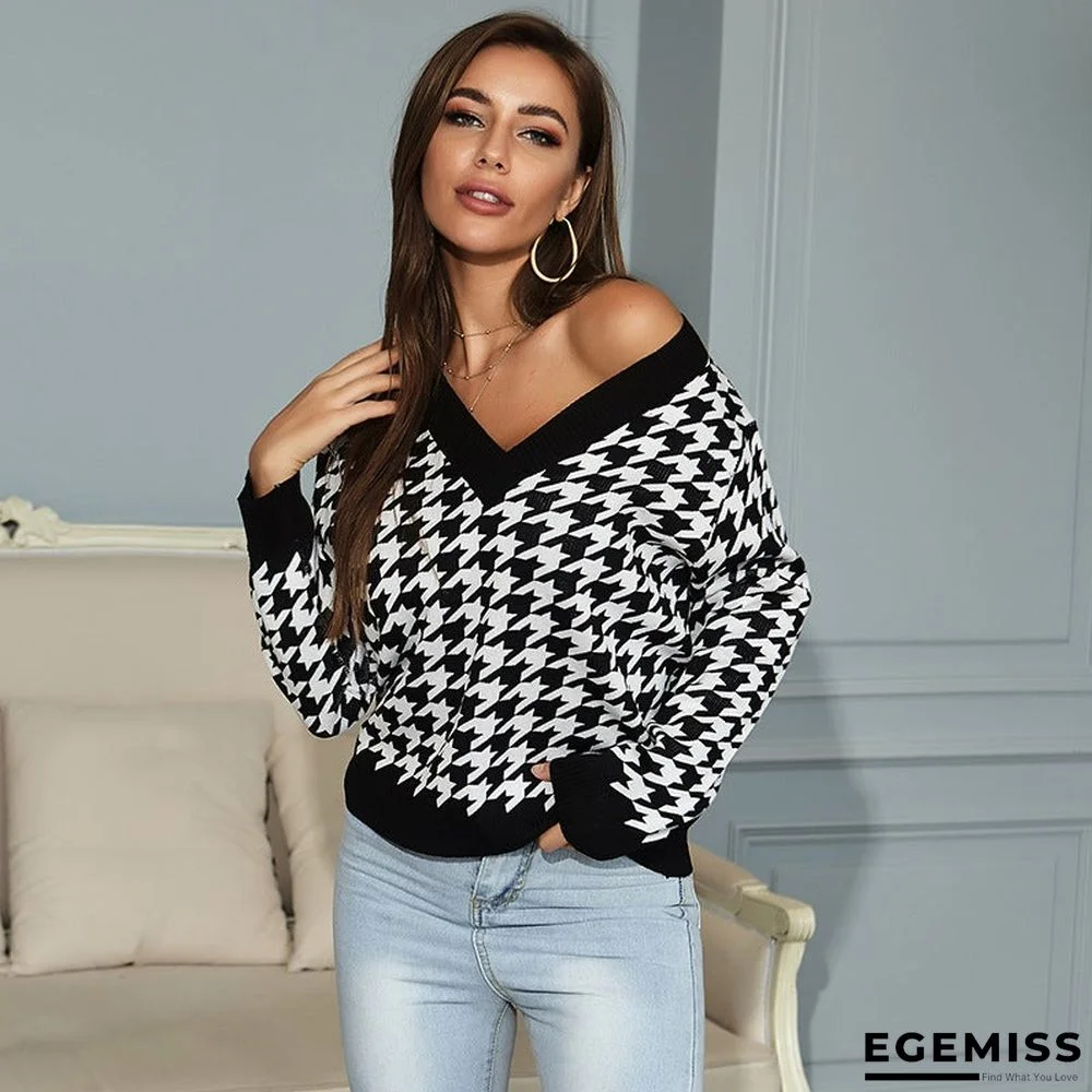 Long-sleeved Thousand Bird Geiger V Collar Bottom Knitted Sweater Girl | EGEMISS