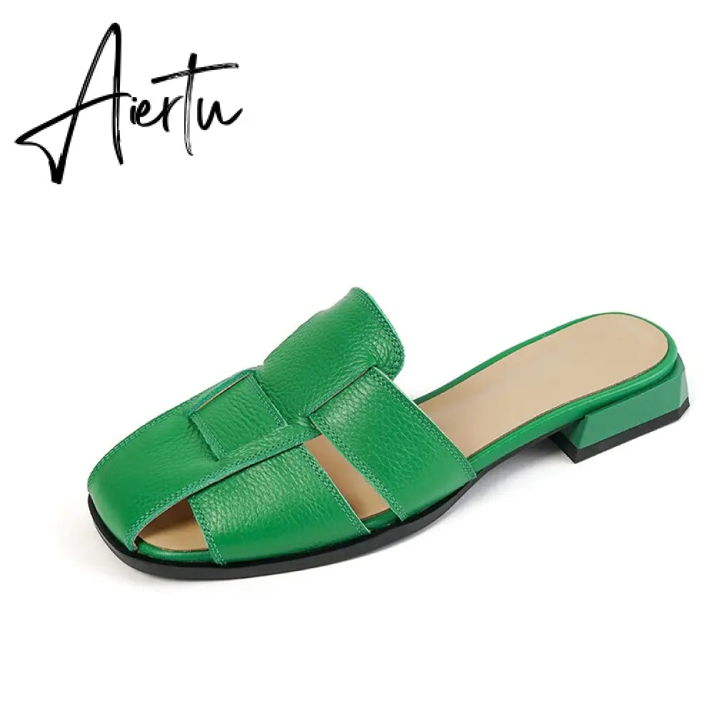 New Women Sandals Rome Style Mules Casual Slippers Spring Summer Low Heels Genuine Leather Shoes Woman Fashion Concise Aiertu