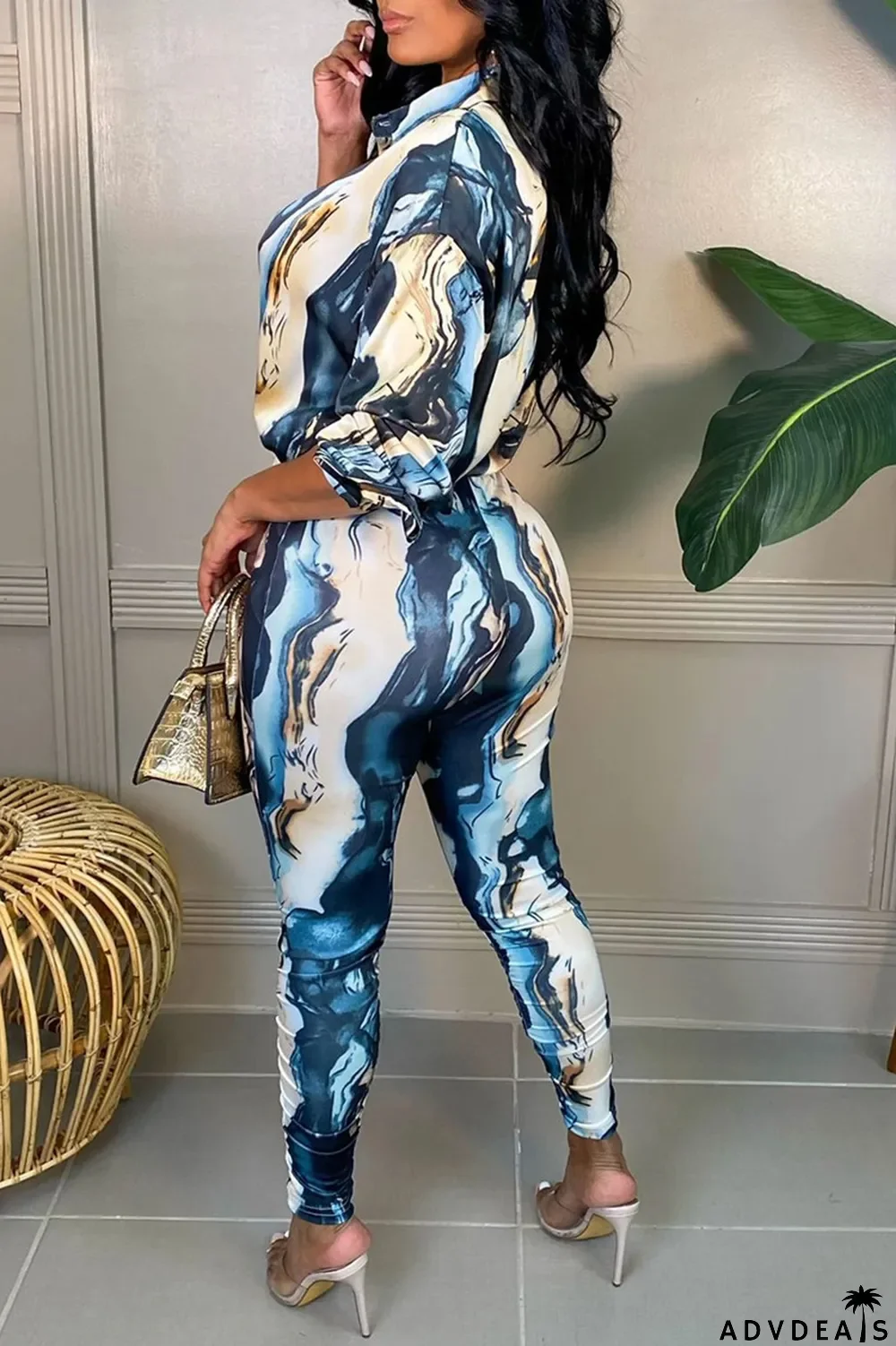 White Fashion Casual Print Basic Turndown Collar Long Sleeve Two Pieces