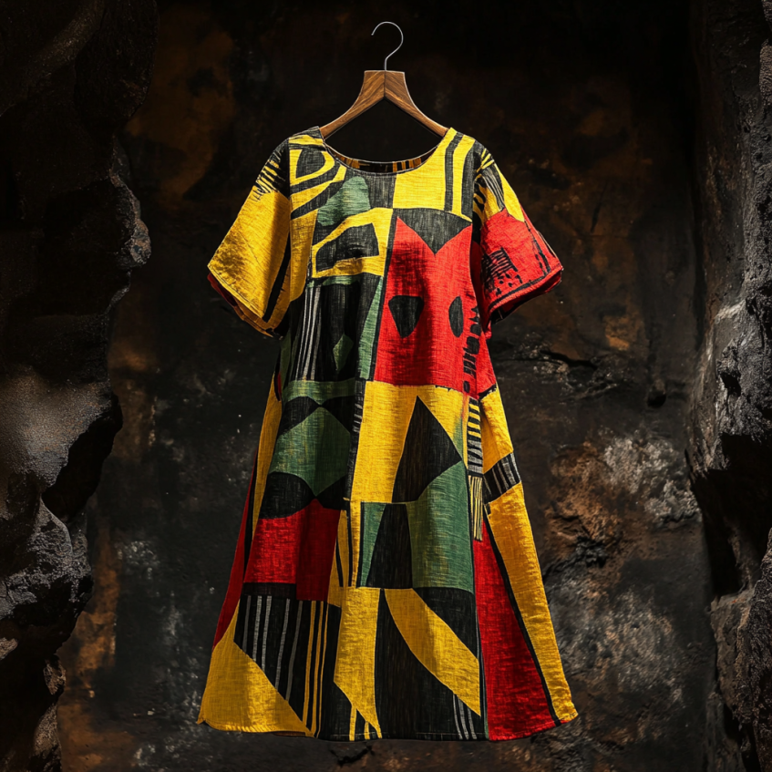 Women's Black African Geometric Juneteenth Day Line Mix Comfort Contrast Color Dress