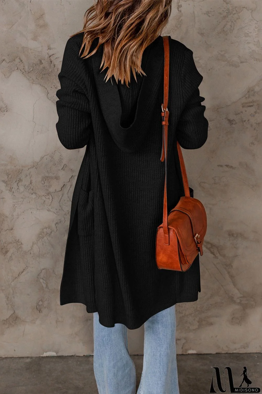 MidiSono - Black Hooded Long Cardigan