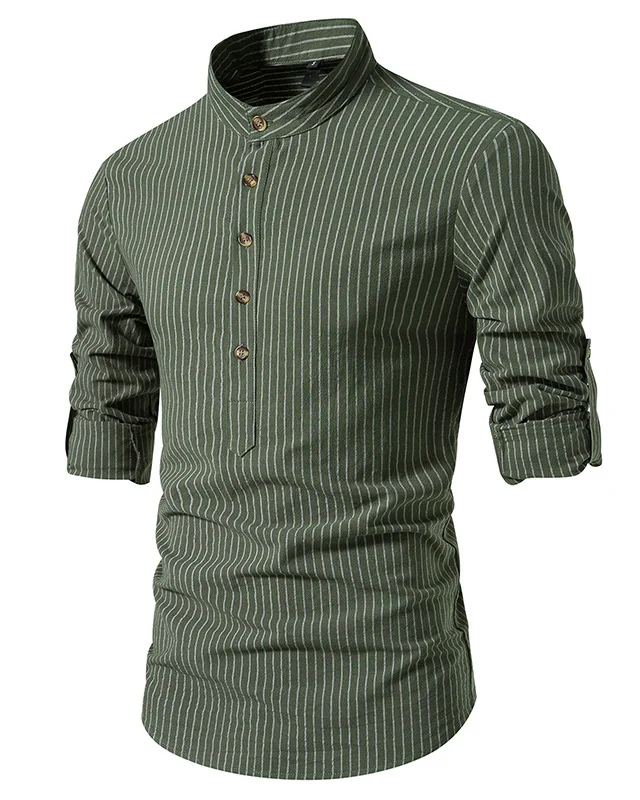 Men's Cotton And Linen Classic Striped Long-Sleeved Shirt 0219