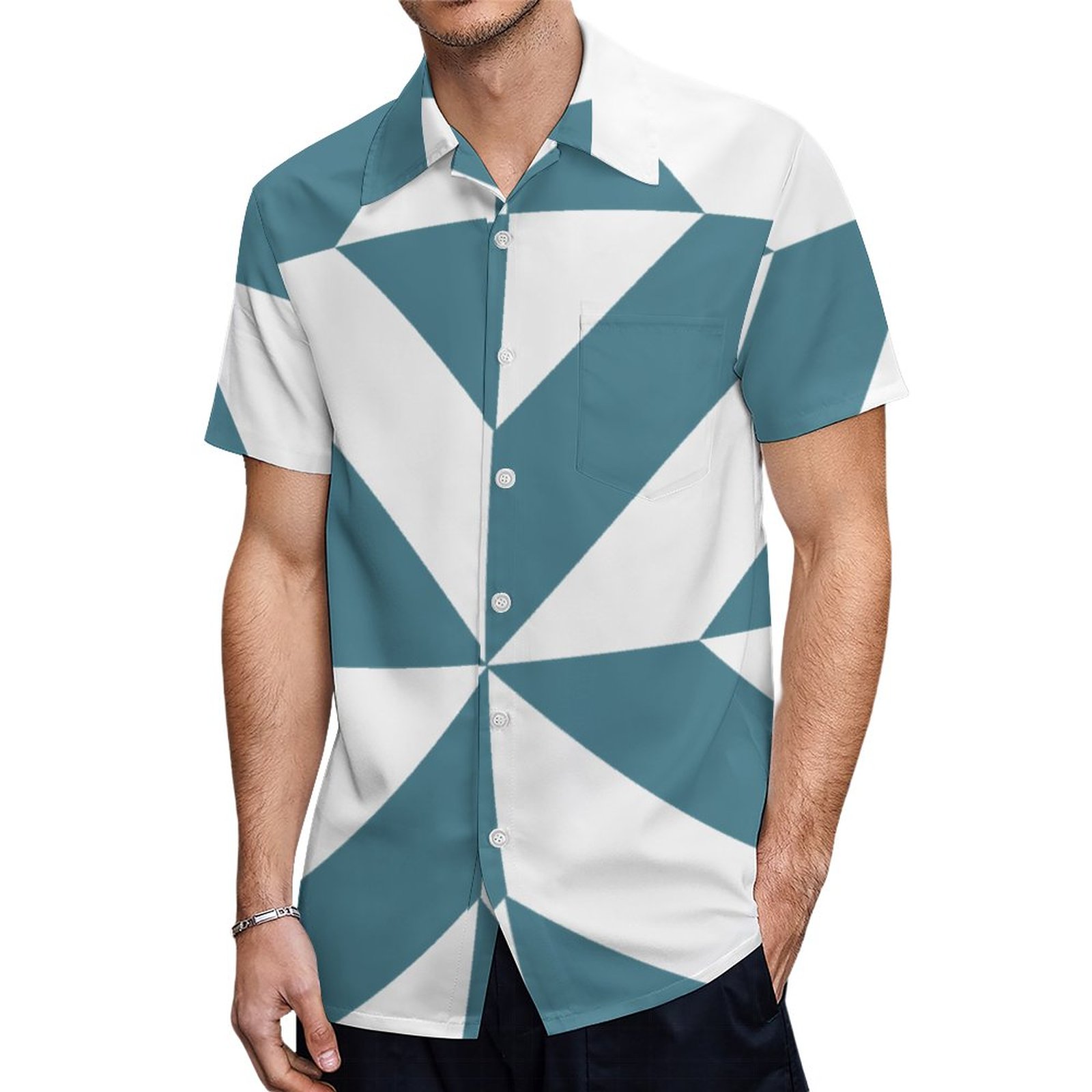 Deep Teal Green Geometric Deco Cube | Men'S Hawaiian Vacation Aloha Button Down Shirt | Pineapple Moon Shark Hawaiian Shirts Hawaiian Shirt With Sharks Beach Vacation Dress Vacation Resort