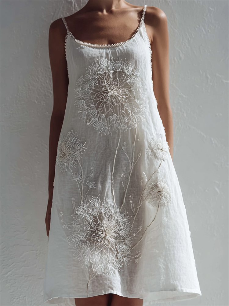 Dandelion Embroidered Flowy Linen Cami Mini Dress wearshes