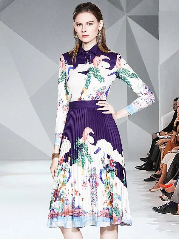 Elegant dress women pleated print lapel long sleeves