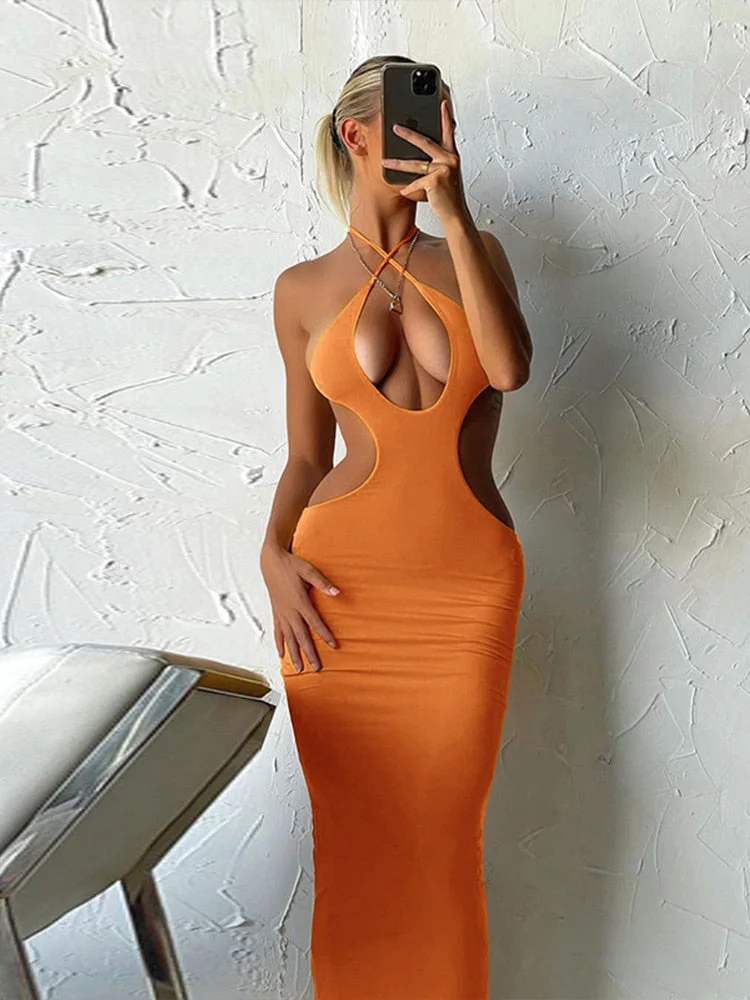 Jacuqeline Summer Y2K Midi Elegant Dresses for women 2022 Beach Party Club Backless Sexy Cut Out Halter Bodycon Dress Holiday