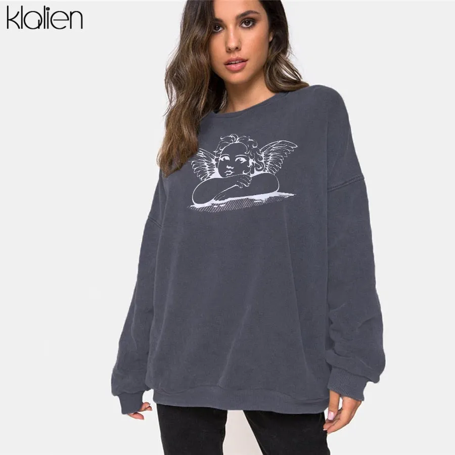 KLALIEN women angle print hoodies casual loose oversize long sleeve sweatshirts 2020 autumn winter fashion streetwear outfit