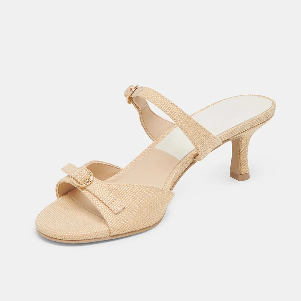 Beige Woven Raffia Open-Toe Buckle Kitten Heel Slide Sandals