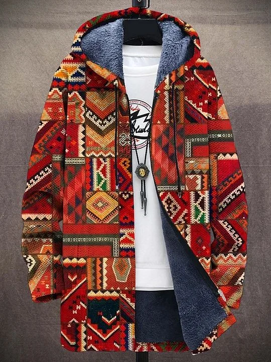 Men's Traditional Pattern Stitching Art Print Fleece Lined Hooded Trench Coat