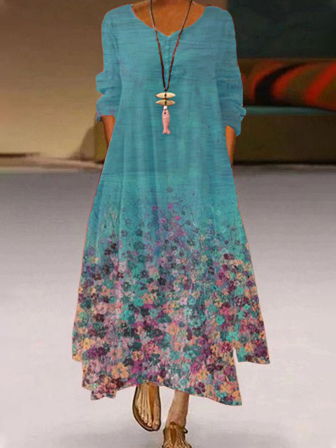 New Women Chic Plus Size Vintage Holiday Casual Floral V Neck Boho A-Line Dresses