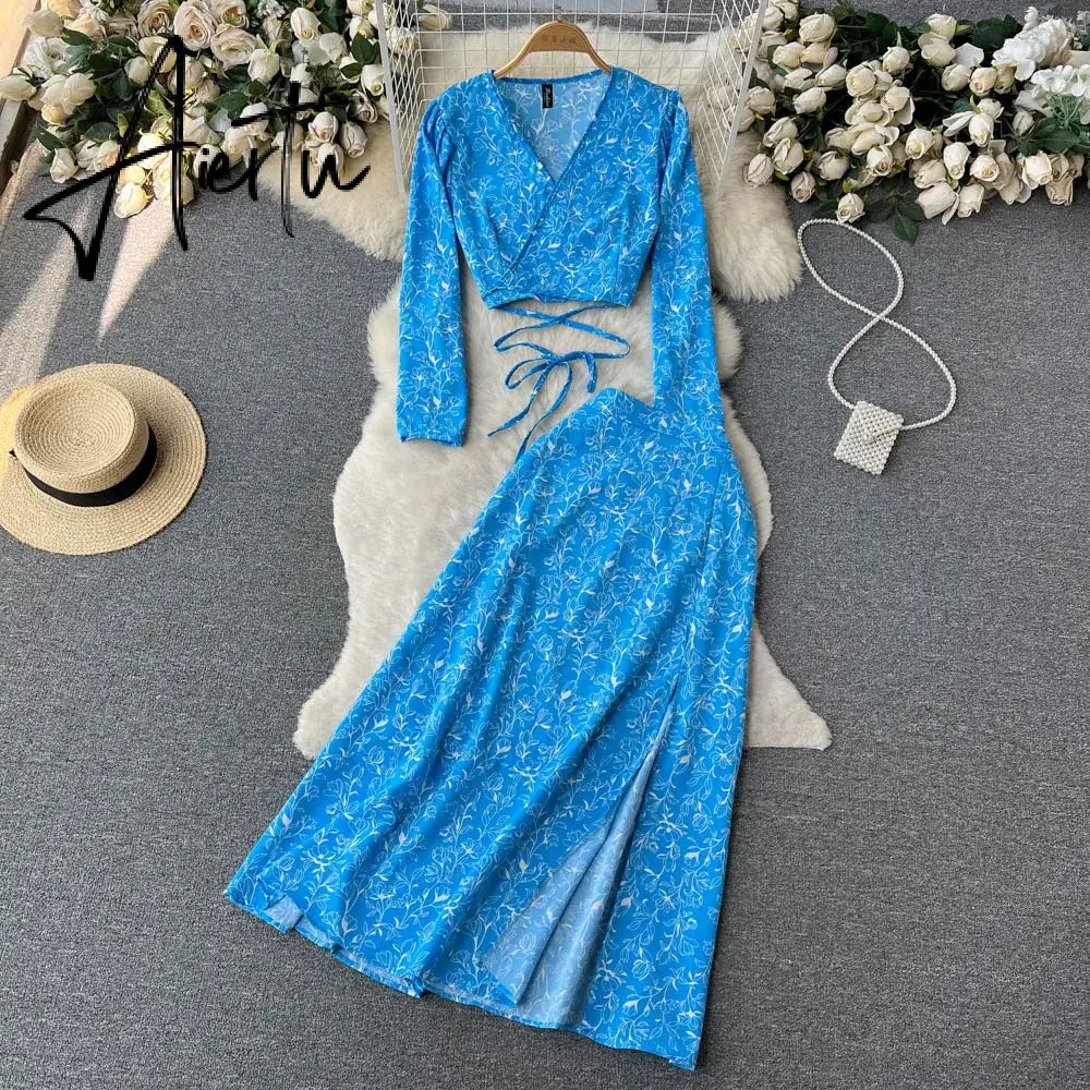 Aiertu   Women Chiffon Vacation Bohemian Two Pieces Suits Summer Lace Up Top+ Split Long Skirt Sets Y2K Floral Print Beach Sets Aiertu