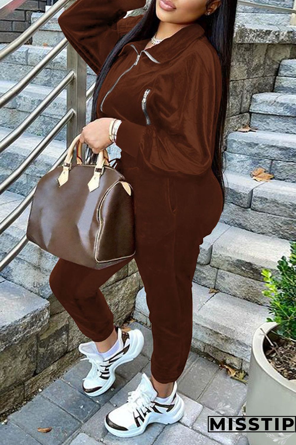 Burgundy Casual Solid Patchwork Zipper Zipper Collar Long Sleeve Two Pieces