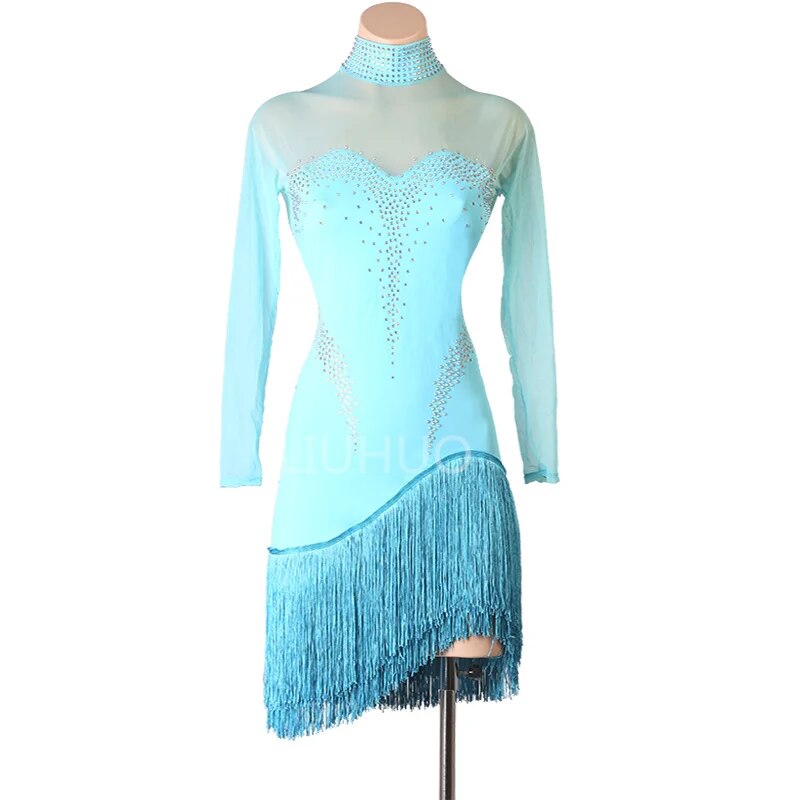 Blue Latin Dress Race Dress Woman Professional Performance Competition Irregular Fringe Skirt Manufacturers