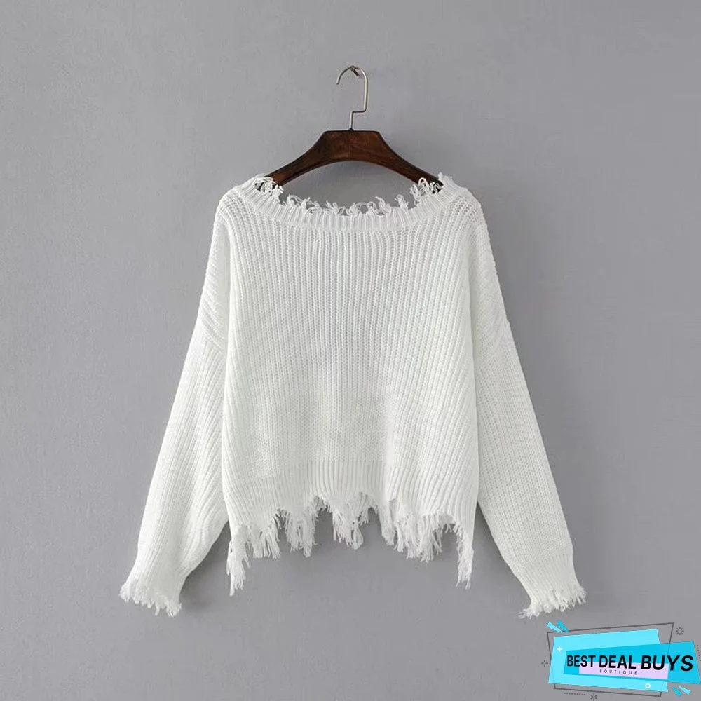 V Neck Fringed Loose Casual Fringed White Sweater
