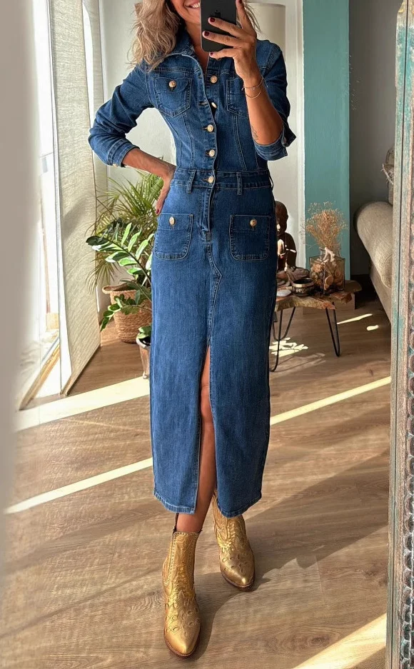 Women's Casual Multi-button Long-sleeved Denim Dress Long Denim Dress