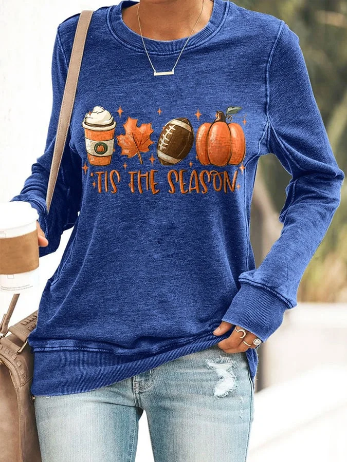 Football Tis The Season Pumpkin Maple Leaf Print Sweatshirt socialshop