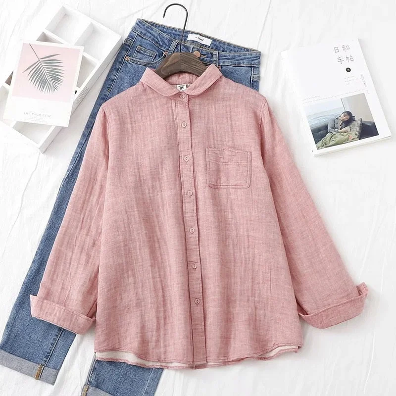 Autumn New Women Cotton Turn Down Collar White Shirt Long Sleeve Pockets Dot Blouse Button Up Loose Spring Casual Tops T09406F