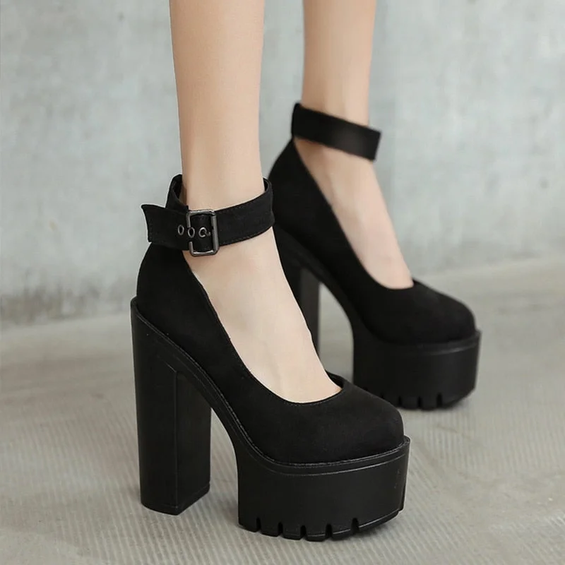 UEONG Spring Autumn Womens Chunky Block High Heel Platform Shoes Ankle Strap Buckle Pumps Gothic Punk Shoes For Model Nightclub