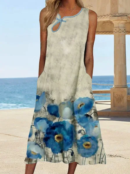 Summer floral print sleeveless midi Dress