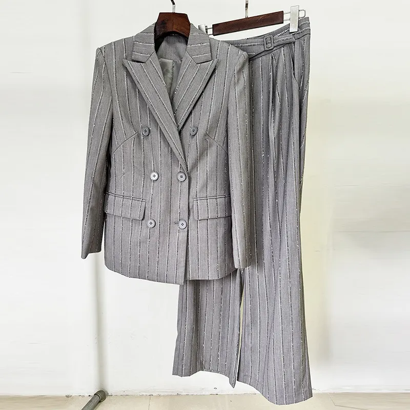 Nigikala Nigikala Early Spring New High-Grade Gray Heavyweight Hot Diamond Double Buckle Suit Trousers Set Two Sets