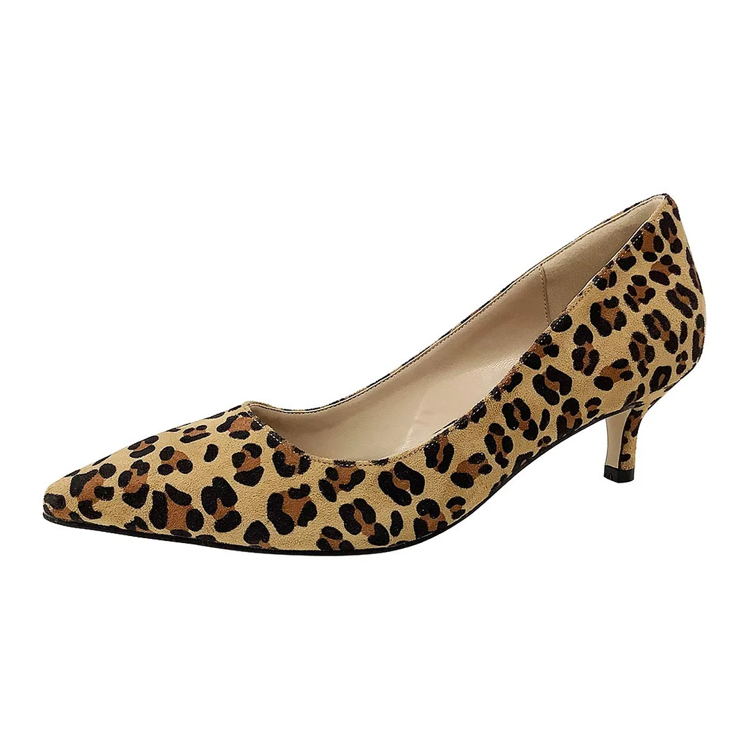 Brown Vegan Suede Leopard Print Pointed Toe Kitten Heel Pumps Nicepairs