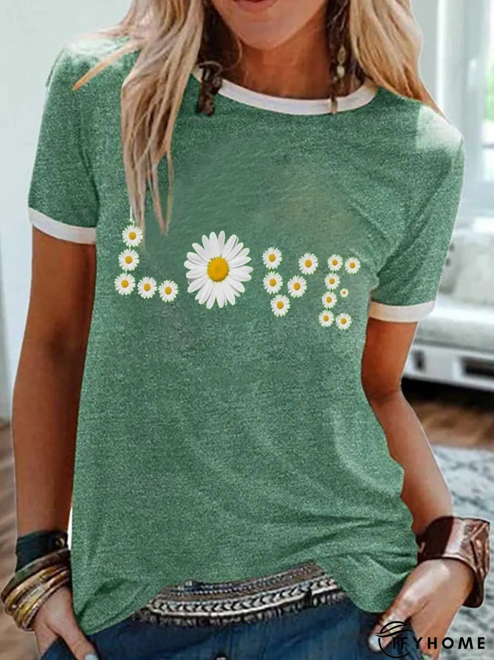 Green Casual Short Sleeve Printed T-shirt | IFYHOME