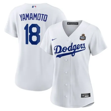Women's Los Angeles Dodgers #18 Yoshinobu Yamamoto  White 2024 World Series Home Home Replica Jersey